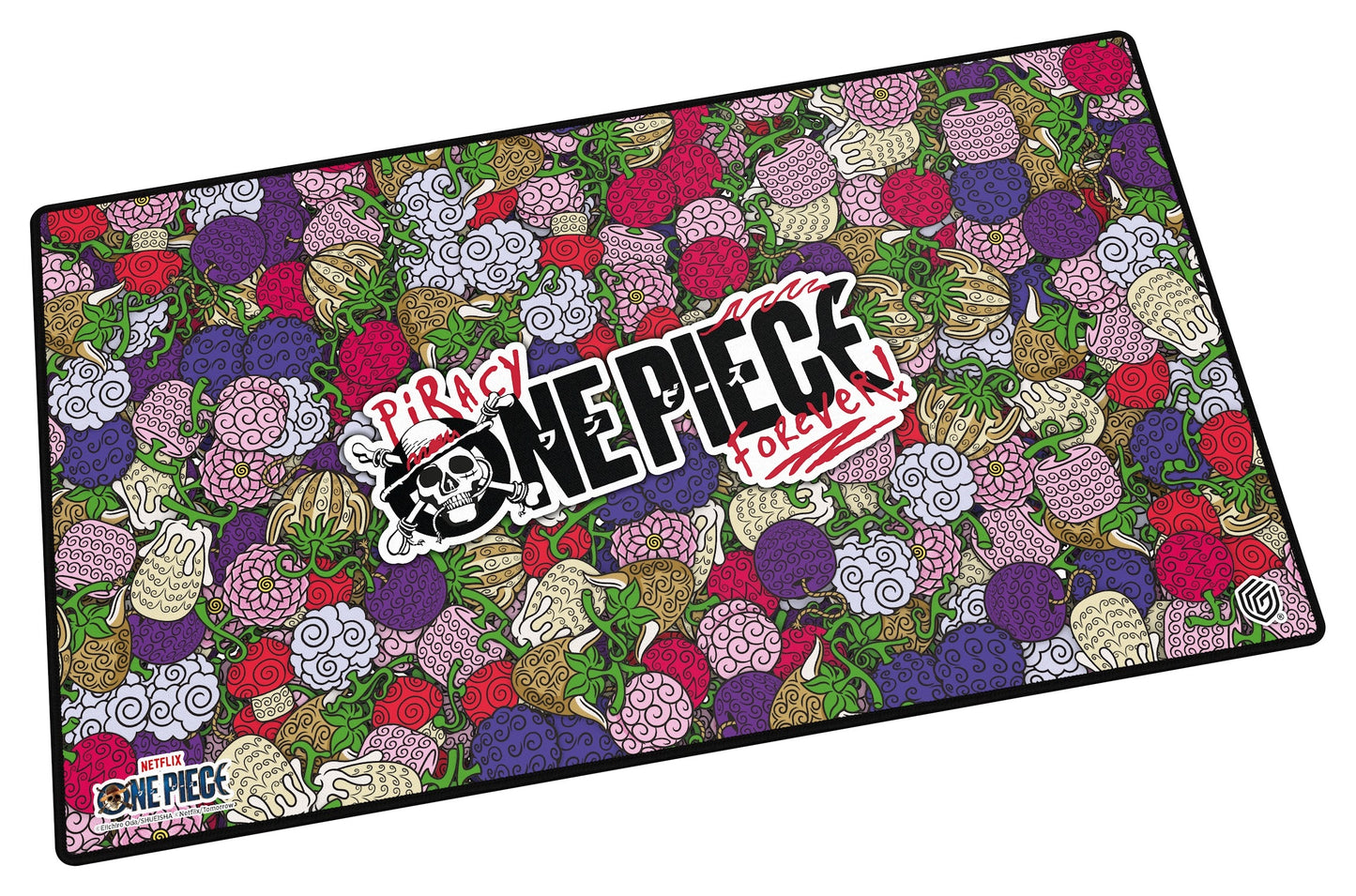 One Piece playmat with a Devil Fruits design on a white background