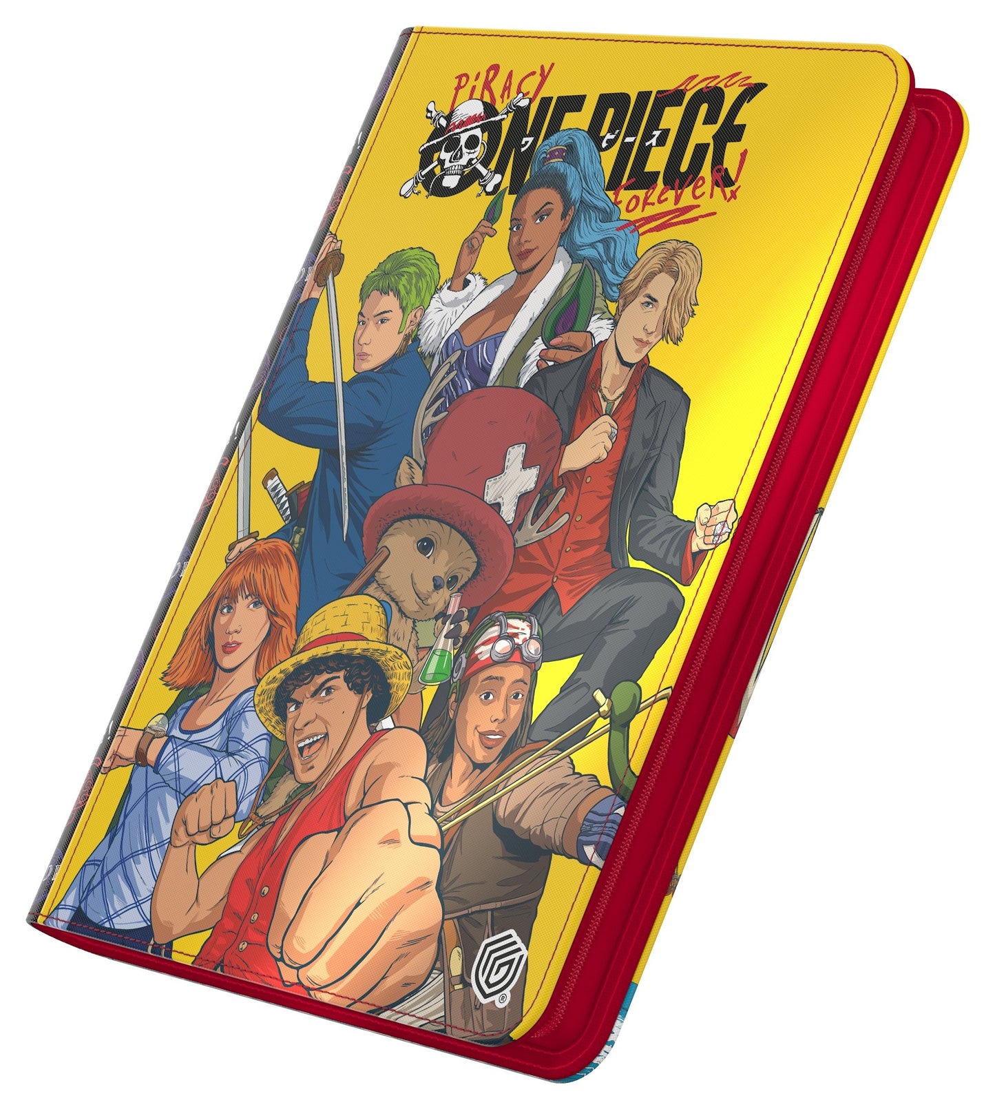 Card binder featuring artwork of the Netflix One Piece series characters on a yellow background