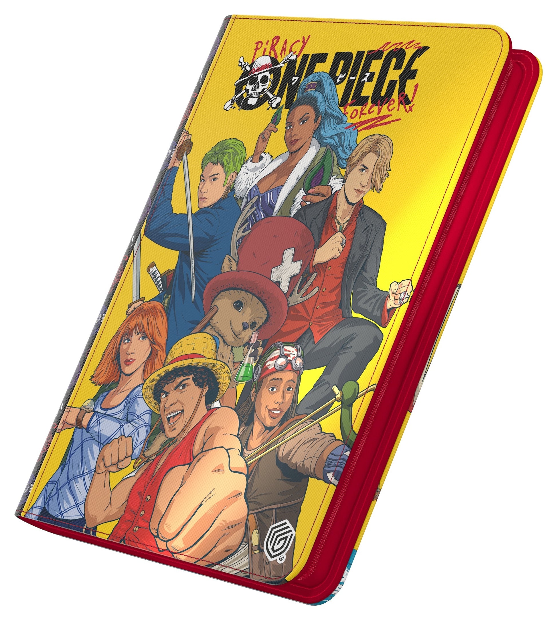 Card binder featuring artwork of the Netflix One Piece series characters on a yellow background