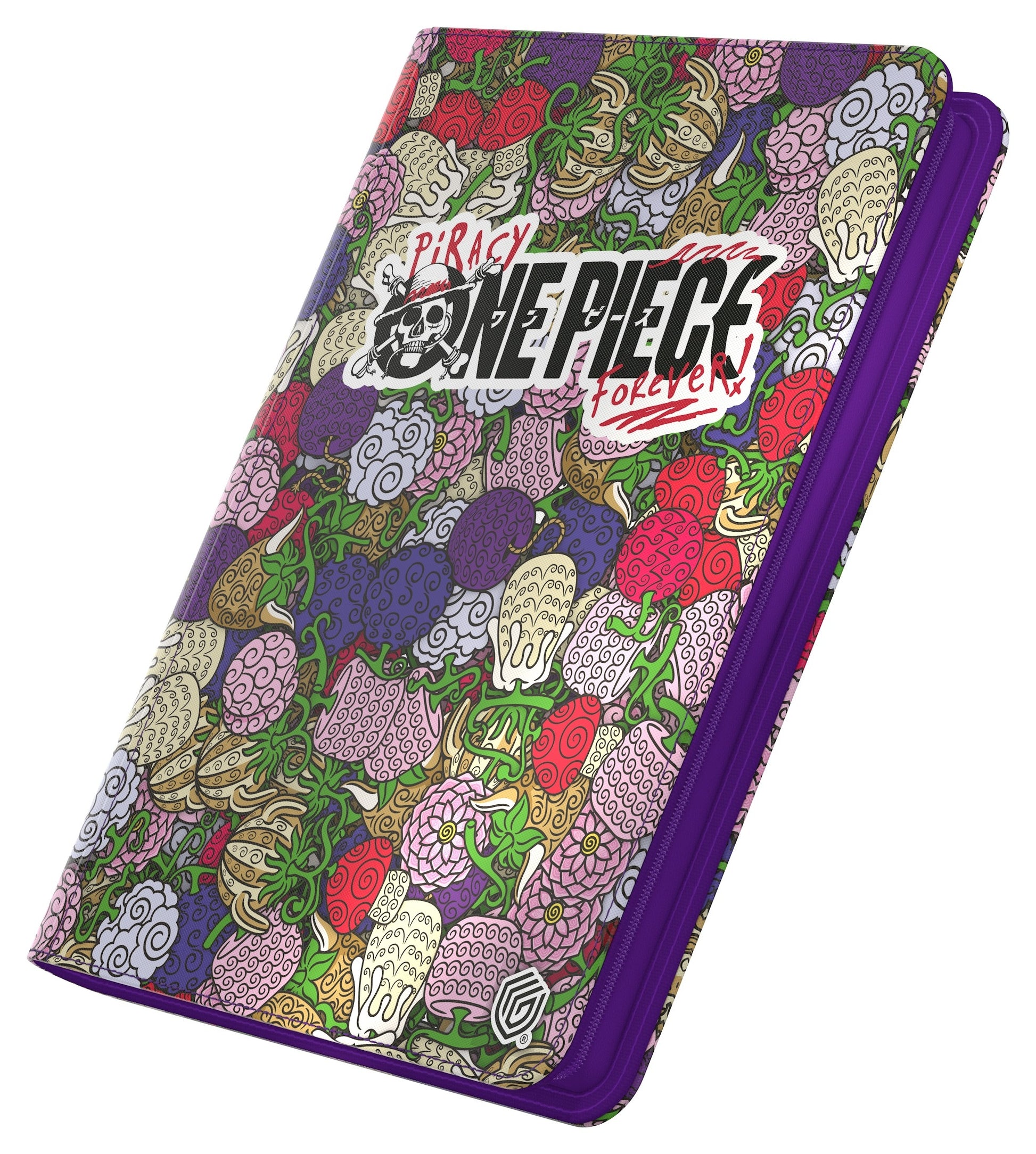 Card binder featuring artwork of Devil Fruits from the Netflix One Piece series characters on a purple background