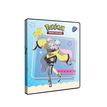 Pokémon trading card game portfolio packaging with Iono on a blue background.