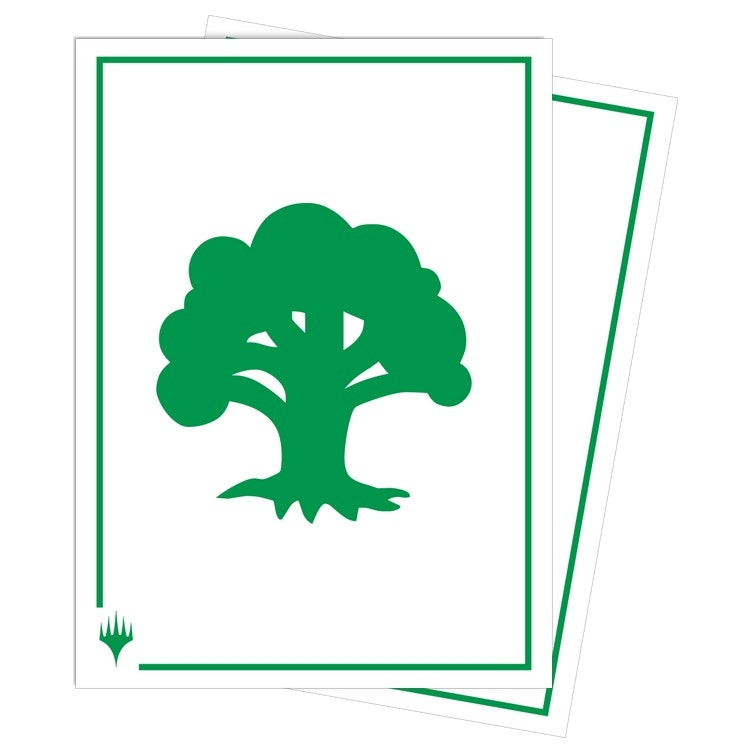 Two card sleeves with the Magic: the Gathering green mana symbol on a white background