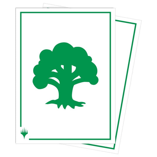 Two card sleeves with the Magic: the Gathering green mana symbol on a white background