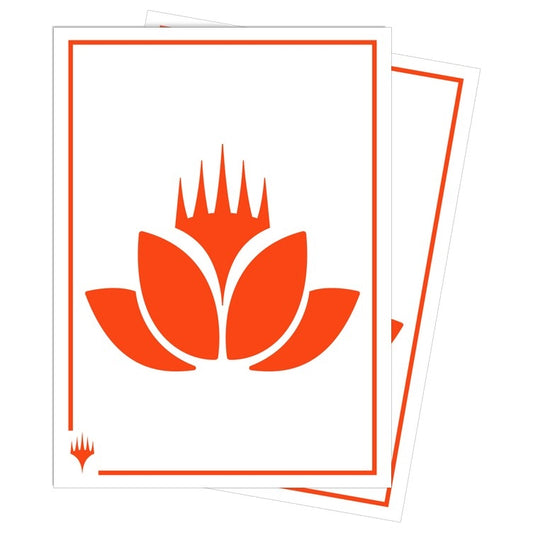 Two card sleeves with the Magic: the Gathering Planeswalker/Lotus symbol on a white background