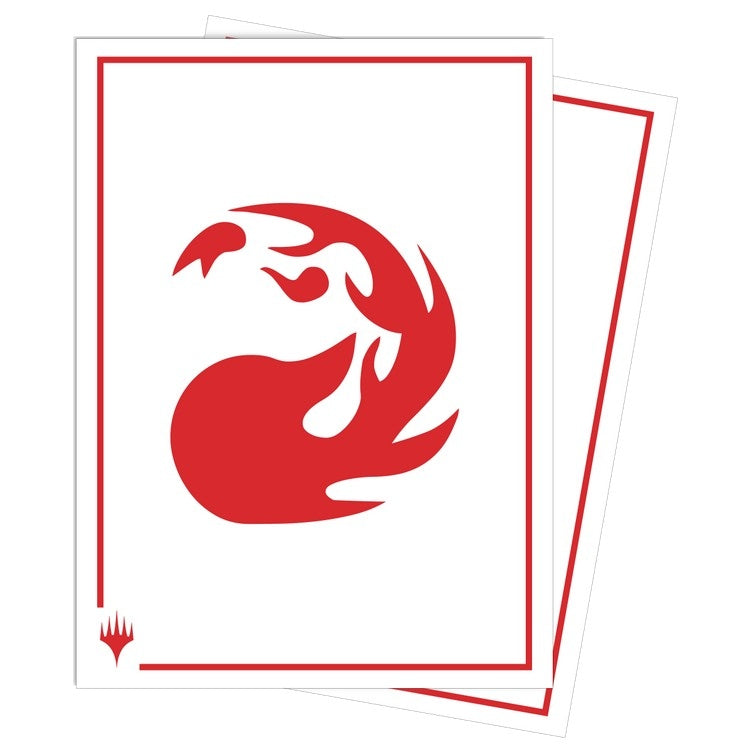 Two card sleeves with the Magic: the Gathering red mana symbol on a white background