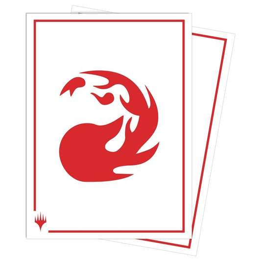 Two card sleeves with the Magic: the Gathering red mana symbol on a white background