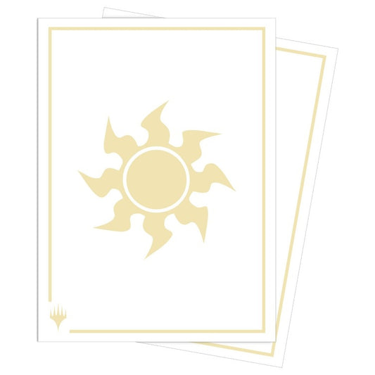 Two card sleeves with the Magic: the Gathering white mana symbol on a white background