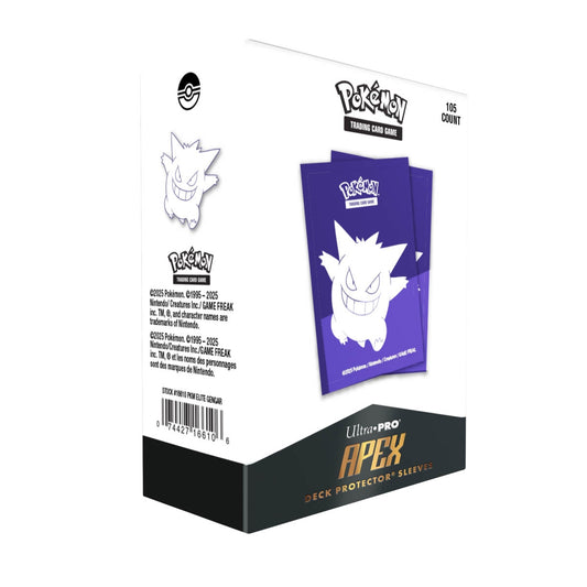Pokémon trading card game sleeves packaging with Gengar design on a white background