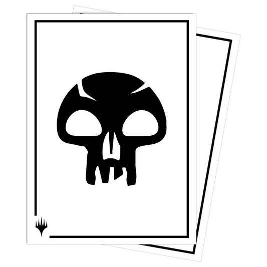 Two card sleeves with the Magic: the Gathering black mana symbol on a white background