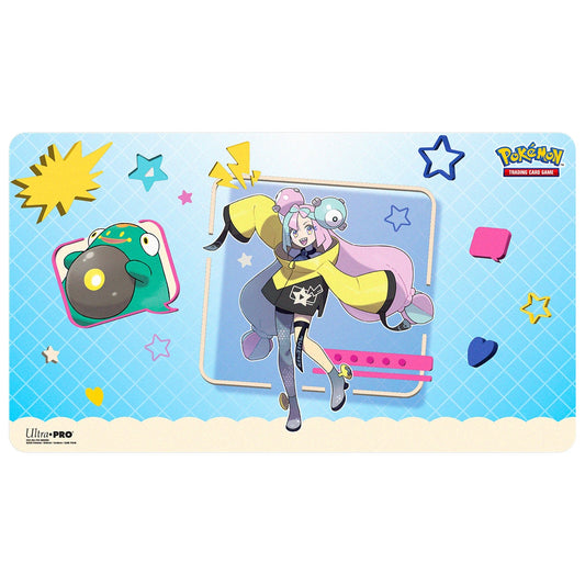 Pokémon trading card game mat featuring a character and Pokémon on a blue background with colorful elements.