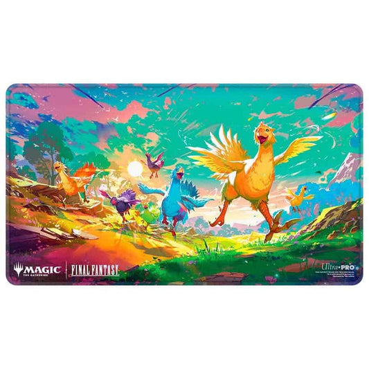 Colorful playmat with fantasy creatures and 'Magic: The Gathering' branding