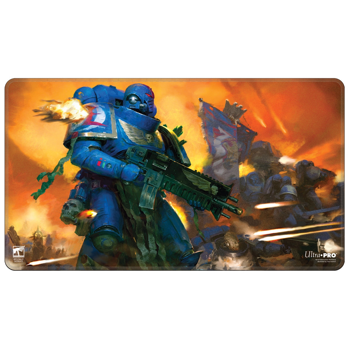 Playmat with a futuristic soldier design on a white background