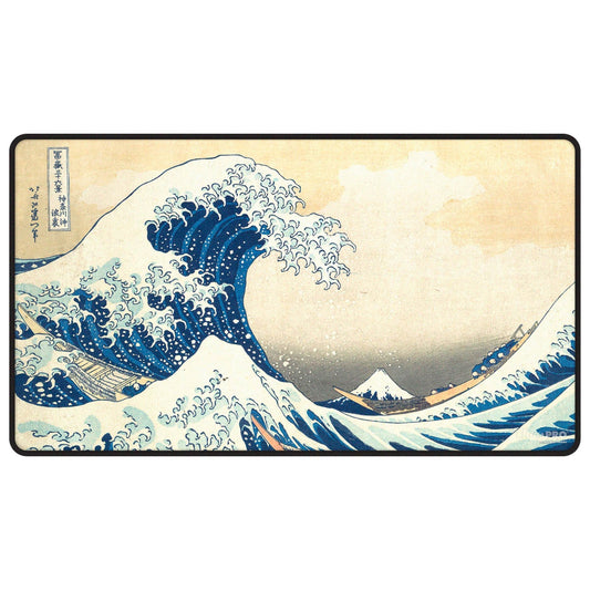 Famous artwork of a large wave with Mount Fuji in the background