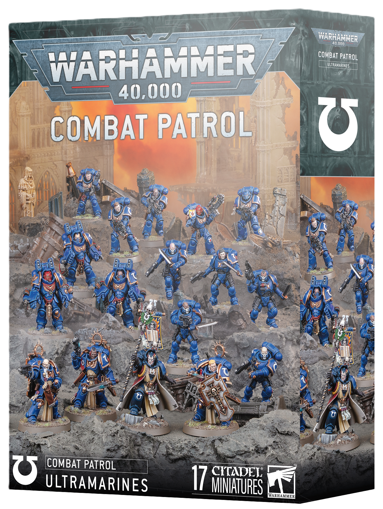 Warhammer 40,000 Combat Patrol packaging with miniatures on a desert landscape