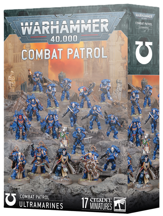 Warhammer 40,000 Combat Patrol packaging with miniatures on a desert landscape