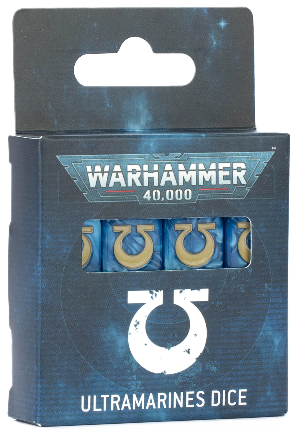 Pack of Warhammer 40,000 Ultramarines dice with packaging