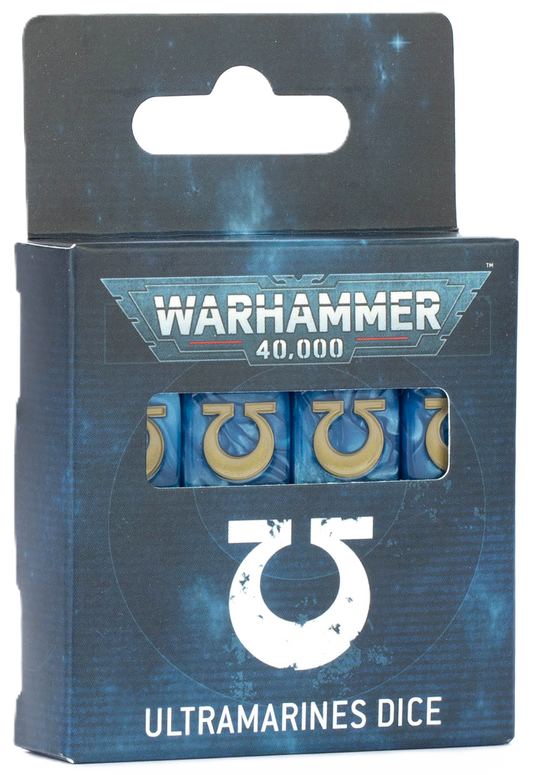 Pack of Warhammer 40,000 Ultramarines dice with packaging