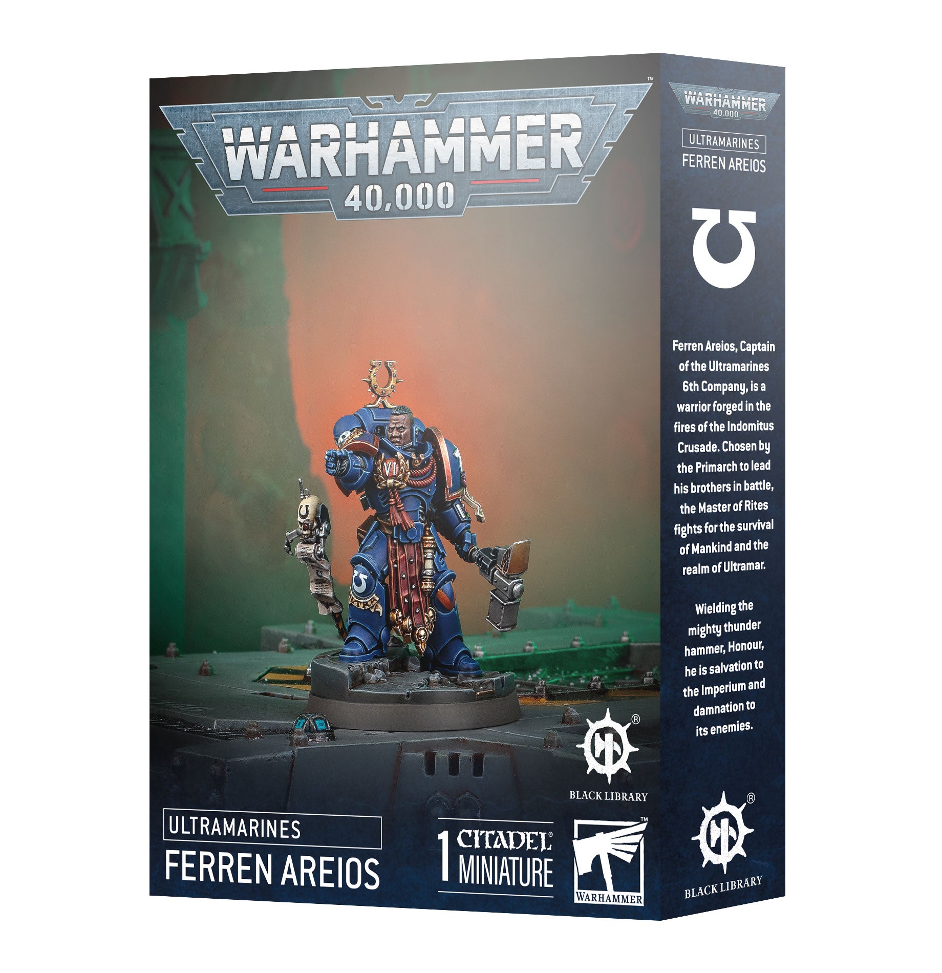 Warhammer 40,000 game box featuring a miniature figure of Ferren Areios.