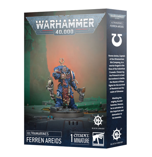 Warhammer 40,000 game box featuring a miniature figure of Ferren Areios.