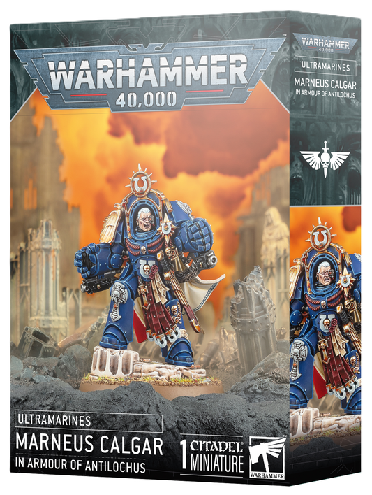 Warhammer 40,000 game box featuring Marneus Calgar in Armour of Antalochus