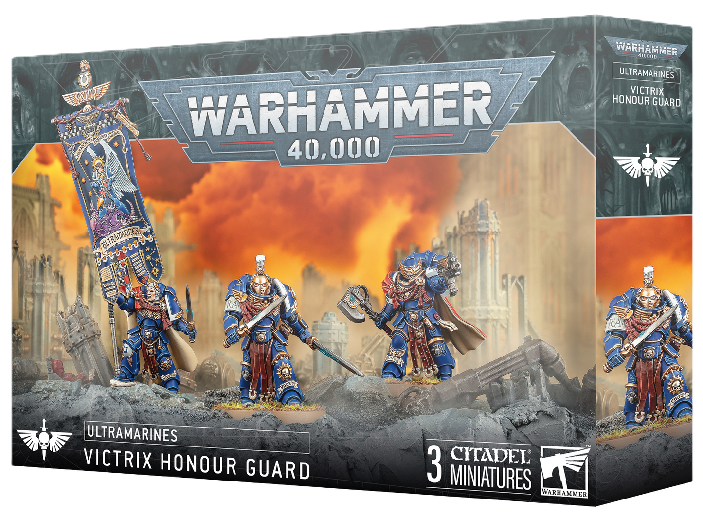 Warhammer 40,000 box set for Ultramarines Victrix Honour Guard with miniatures and banner.
