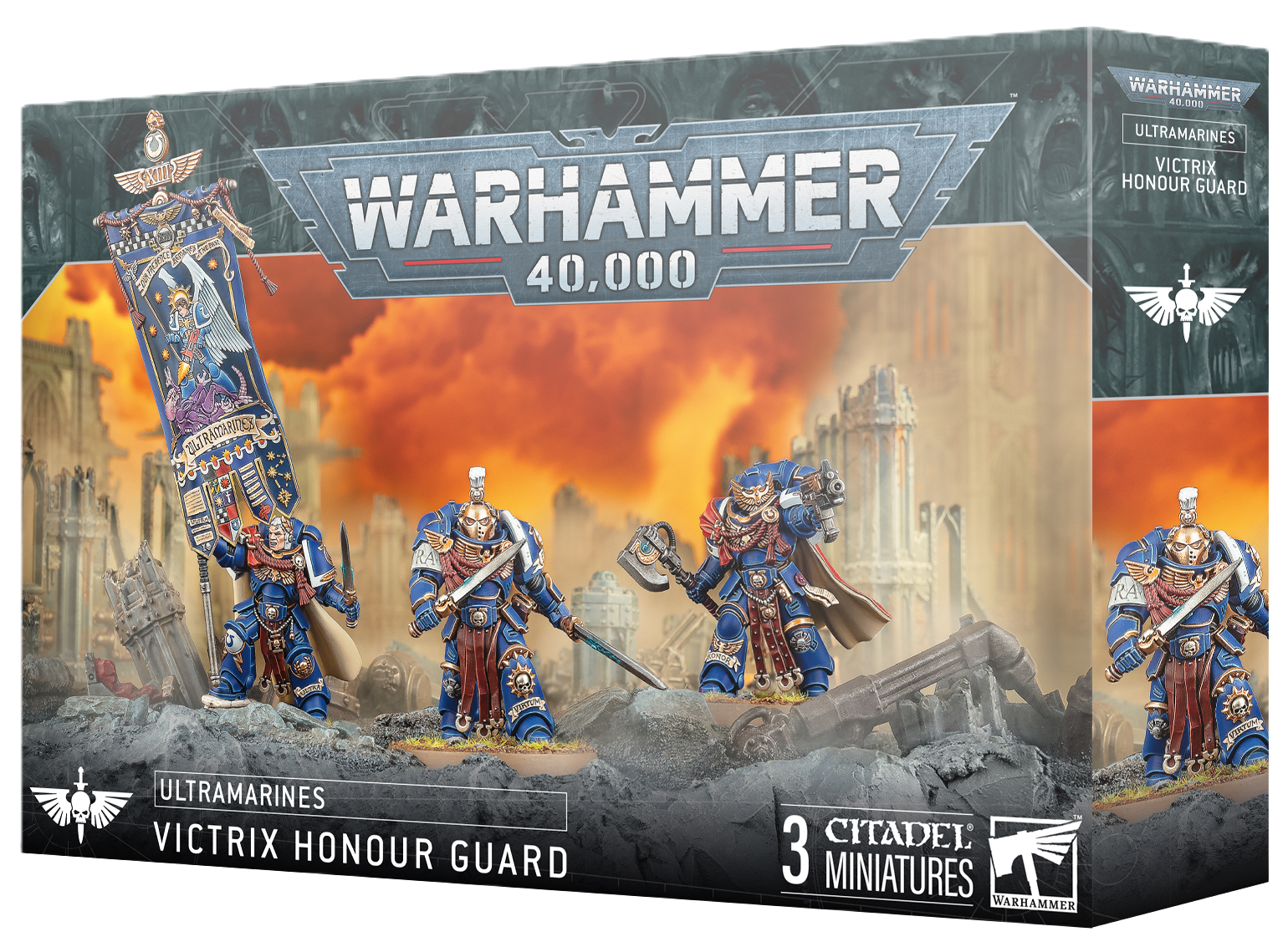 Warhammer 40,000 box set for Ultramarines Victrix Honour Guard with miniatures and banner.