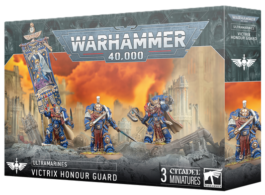 Warhammer 40,000 box set for Ultramarines Victrix Honour Guard with miniatures and banner.