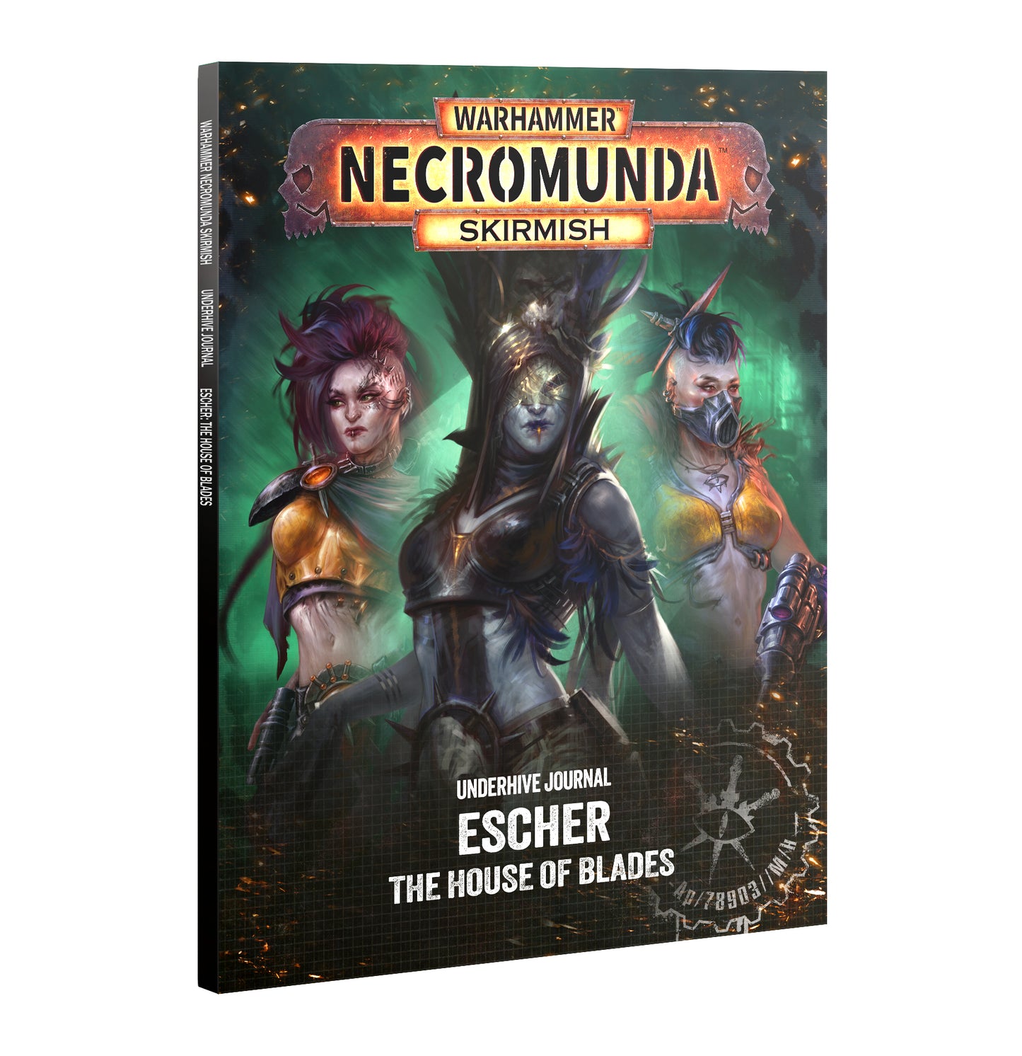 Warhammer Necromunda Skirmish Underhive Journal Escher, shown as a 3D book mockup with a dark fantasy cover illustration featuring three characters against a green and black background.