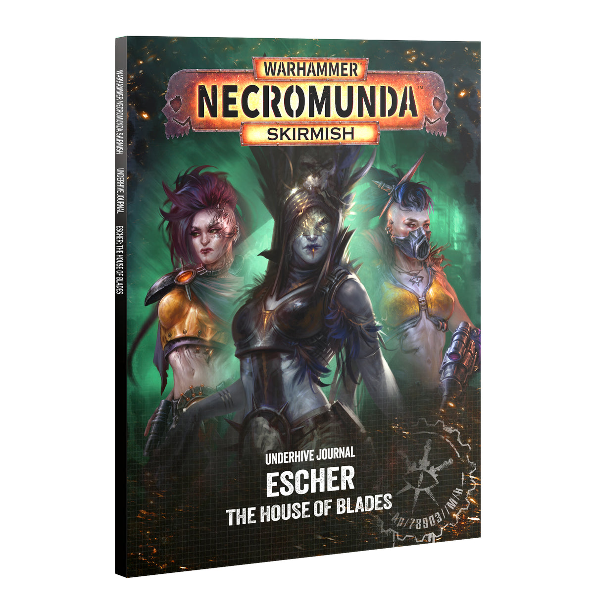 Warhammer Necromunda Skirmish Underhive Journal Escher, shown as a 3D book mockup with a dark fantasy cover illustration featuring three characters against a green and black background.