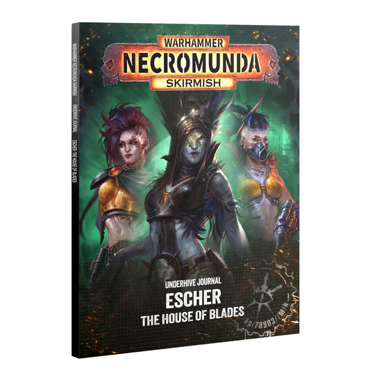 Warhammer Necromunda Skirmish Underhive Journal Escher, shown as a 3D book mockup with a dark fantasy cover illustration featuring three characters against a green and black background.