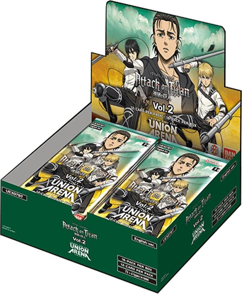 Attack on Titan Vol. 2 Union Arena booster box display with multiple individual booster packs arranged inside a green branded retail display box.