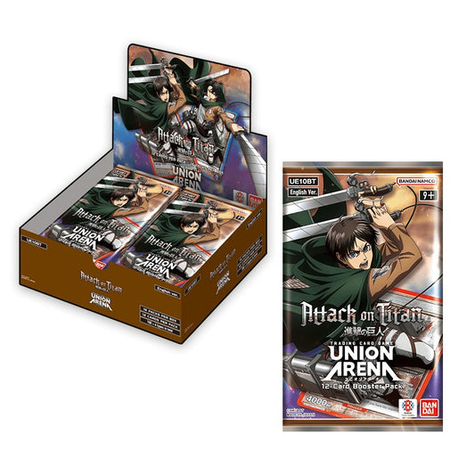 Card game booster pack for 'Attack on Titan Union Arena' with character illustration on a white background