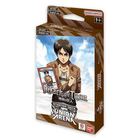 Card game starter deck packaging for 'Attack on Titan' with character illustration on a white background