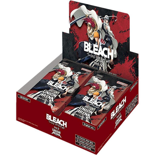 Display box of Bleach Union Arena Vol. 2 trading card packs featuring characters from the anime Bleach on the packaging. The display box contains multiple packs, each with artwork of Ichigo Kurosaki and other characters in dynamic poses against a red and black background.