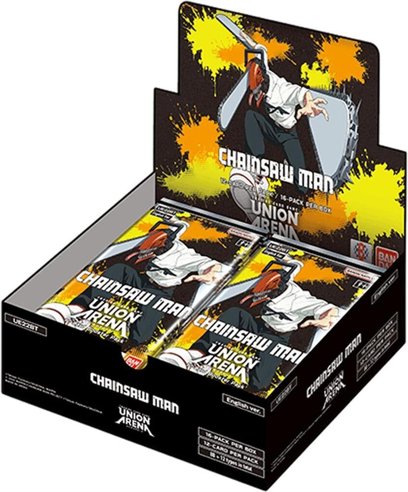 Chainsaw Man Union Arena 16-pack display box and individual booster packs from the Union Arena Trading Card Game, featuring anime artwork of Chainsaw Man.