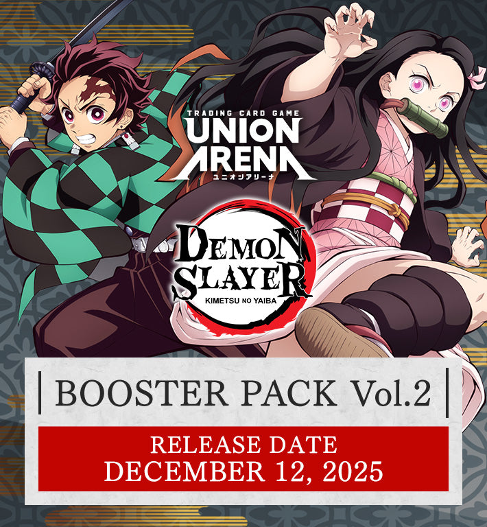 Promotional image for 'Demon Slayer' trading card game booster pack with characters and release date.