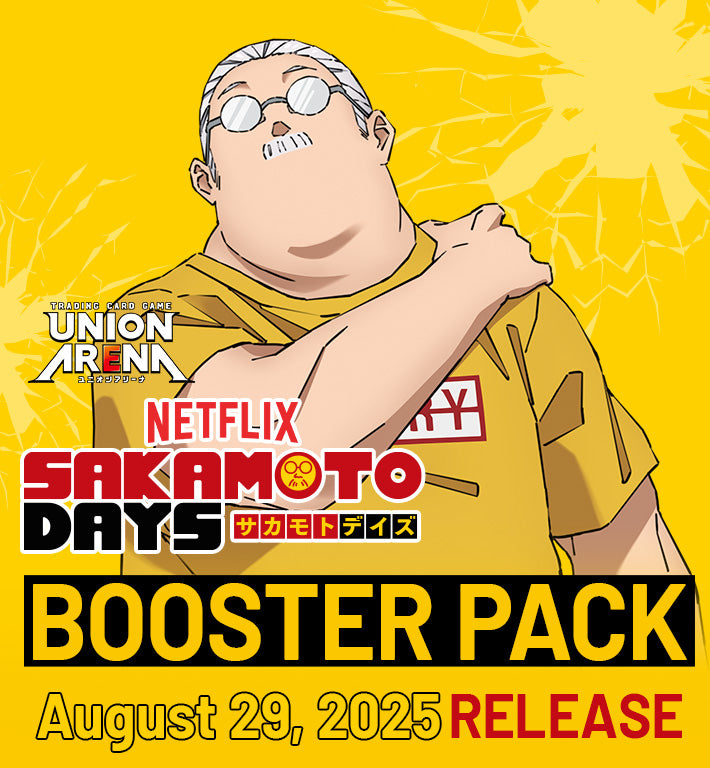 Promotional image for 'Sakamoto Days' booster pack release with character and branding elements.