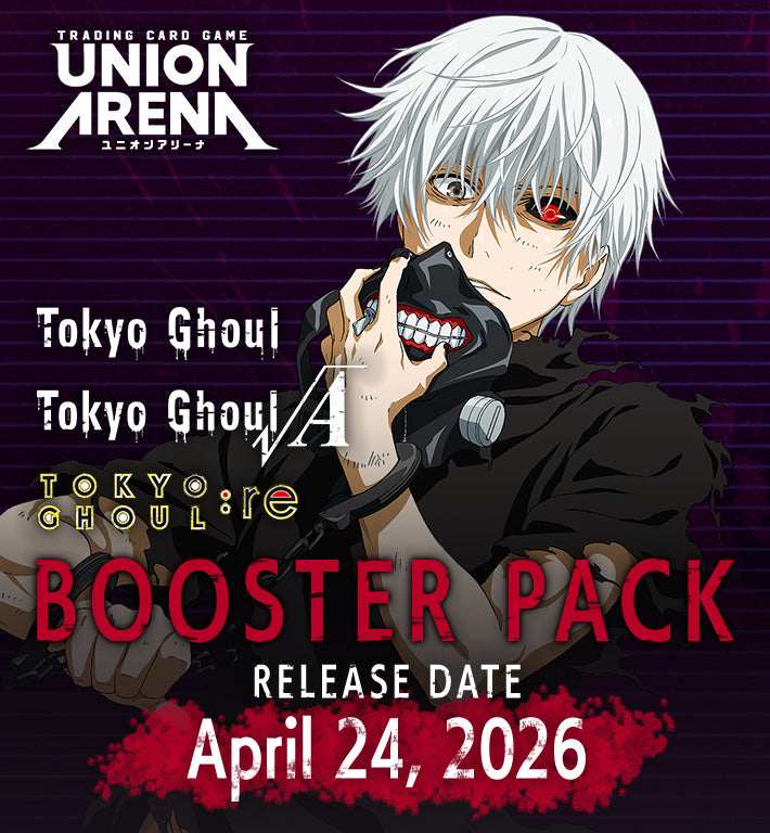 Promotional image for Tokyo Ghoul booster pack release featuring an anime character with white hair and red eyes.