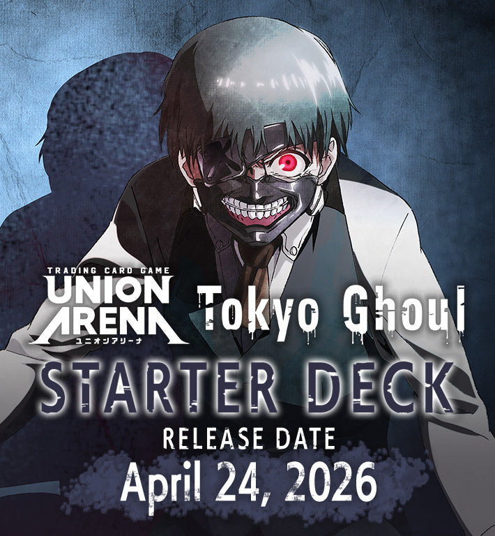 Promotional image for 'Union Arena Tokyo Ghoul Starter Deck' with character design and release date text.
