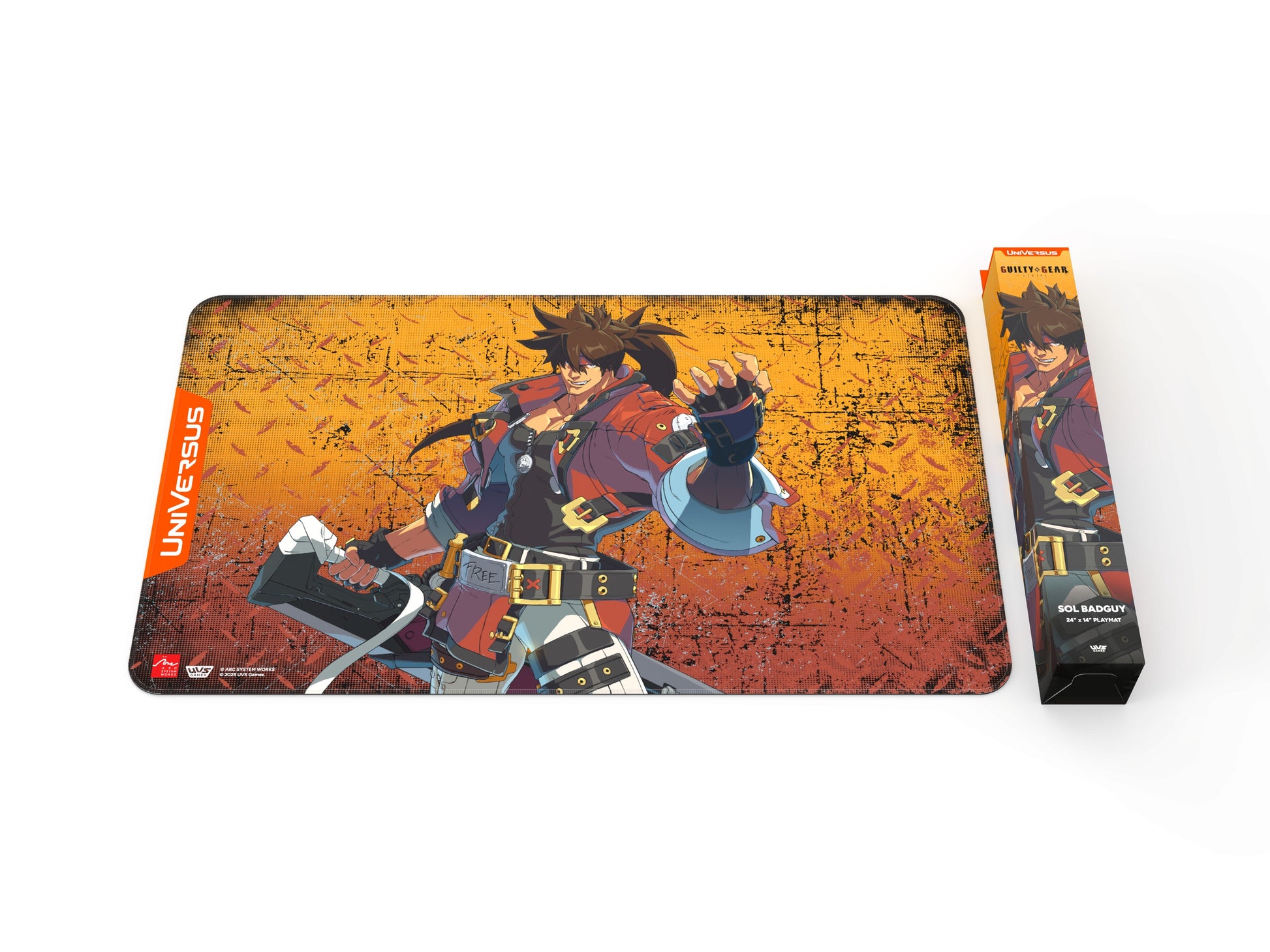 Sol Badguy mouse pad / playmat with packaging on a white background.