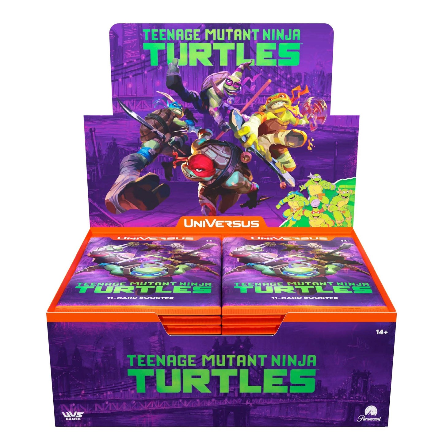 Box of Teenage Mutant Ninja Turtles trading card game with purple and orange design