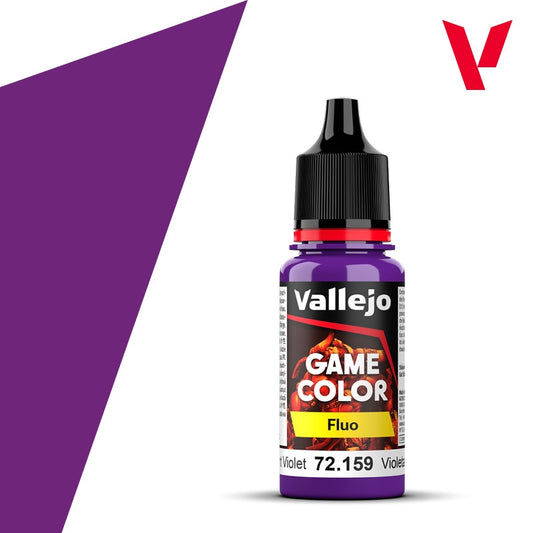 Vallejo Game Color Fluo Violet paint bottle on a white background with a purple triangle