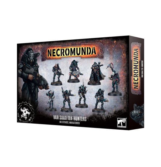Boxed set of Necromunda: Van Saar Tek-Hunters miniature figures, featuring various armed and armored characters likely for the Secundan Underhells setting.
