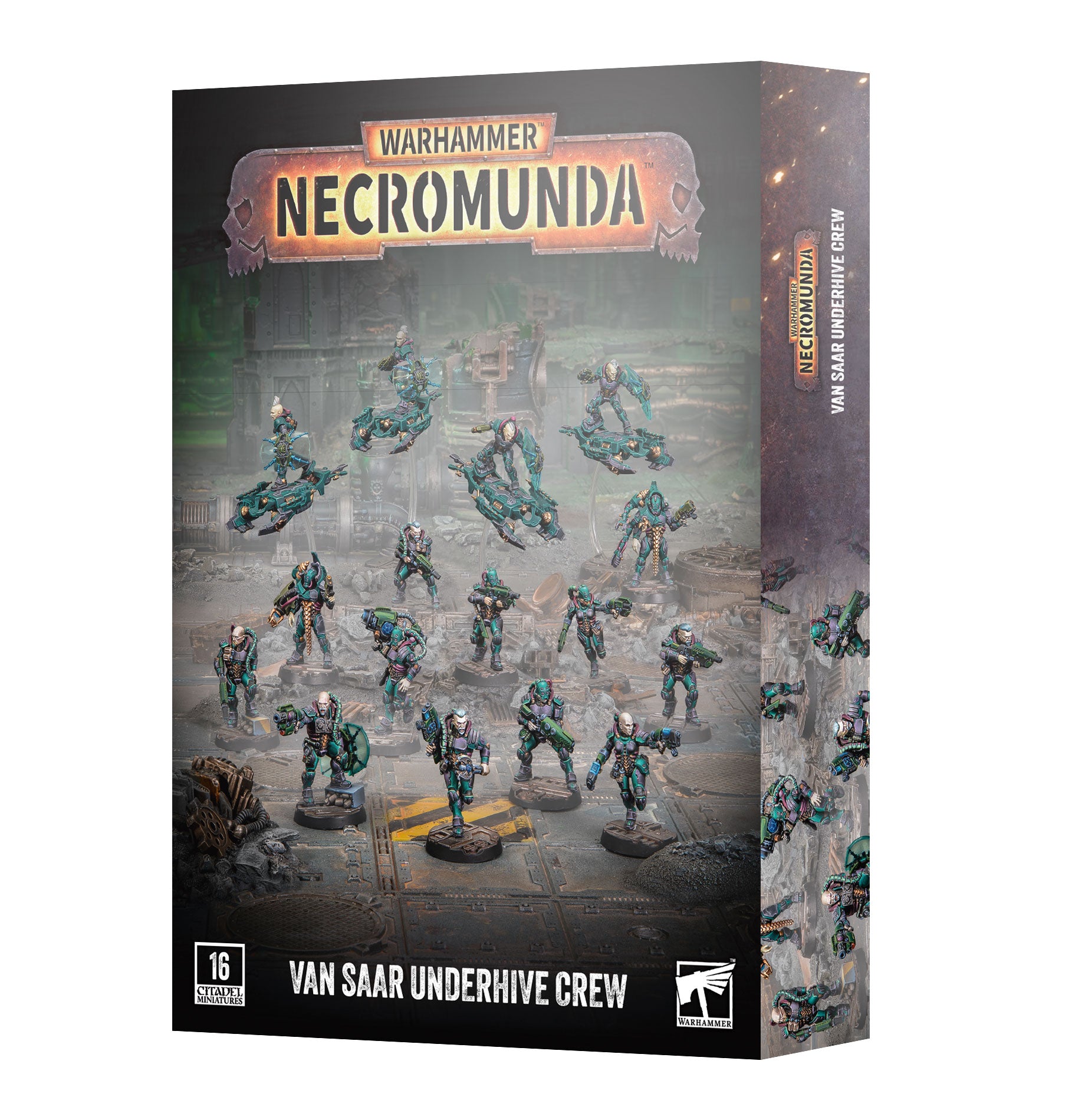Warhammer 40k Necromunda Van Saar Underhive Crew box set, featuring a detailed sci-fi illustration of miniatures on the front cover and side panel.