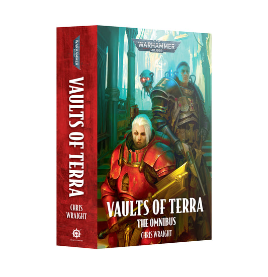 Book titled 'Vaults of Terra' by Chris Wraight with a fantasy cover featuring characters and architecture.