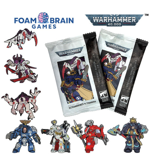 Image of two Warhammer 40000 Mystery Loot packs with various possible pins