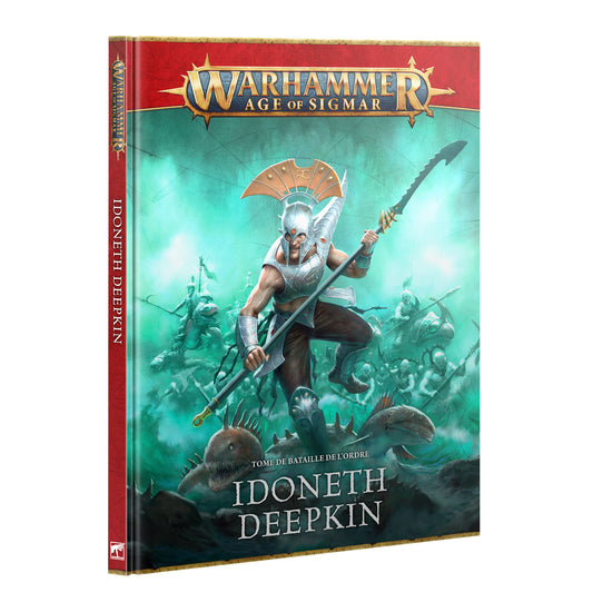 Warhammer Age of Sigmar Battletome: Idoneth Deepkin book cover featuring armored aelf warrior with spear, underwater creatures, and deep-sea battle scene