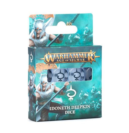 Warhammer Age of Sigmar Idoneth Deepkin Dice Set packaging with fantasy aelf warrior, spear and shield artwork, and visible frosted blue dice through clear window.