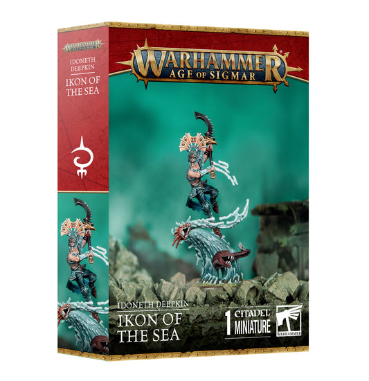 Warhammer Age of Sigmar Idoneth Deepkin Ikon of the Sea box featuring a Citadel miniature posed on a sea creature with rocky terrain background.