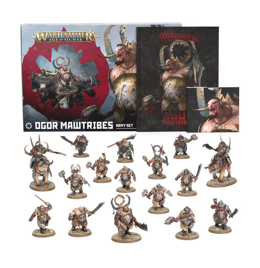 Warhammer 40k Ogor Mawtribes mini set, showing the illustrated box, booklet, and multiple unpainted painted miniatures on round bases against a white background.
